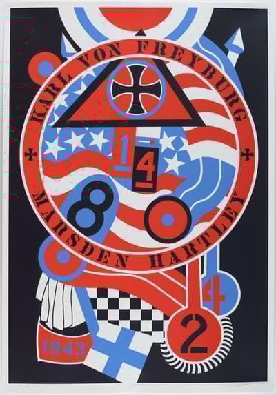 A red, blue, white, and black screenprint by Robert Indiana with symbols and numbers with the names Karl von Freyburg and Marsden Hartley in the ring around the circle along with the year 1943, created in 1991.