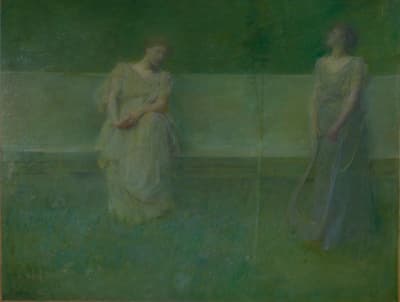A green monochrome oil on canvas portrait of two women outside, one sitting on a bench and one standing near her, by Thomas Wilmer Dewing, 1891.