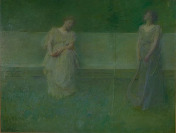 A green monochrome oil on canvas portrait of two women outside, one sitting on a bench and one standing near her, by Thomas Wilmer Dewing, 1891.