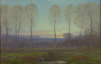 A delicate harmonious landscape by Dwight Tryon, 1915.