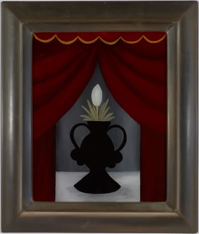 A still life painting on glass of a single white tulip in a black two-handled vase. Red velvet curtains frame the vase in the background, painted before 1940.