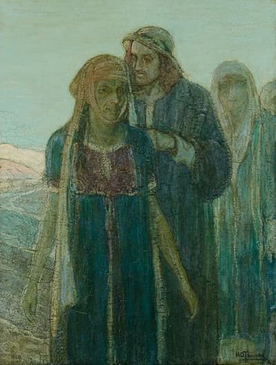 Oil and tempera on board depicting people walking along the path of a mountainous landscape. The woman in the front appears tired and is getting comfort from the younger man walking with her, 1934-35.