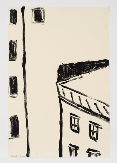 A black ink monotype on cream paper that depicts tall urban buildings from the vantage point of perhaps someone looking out a window of another building.