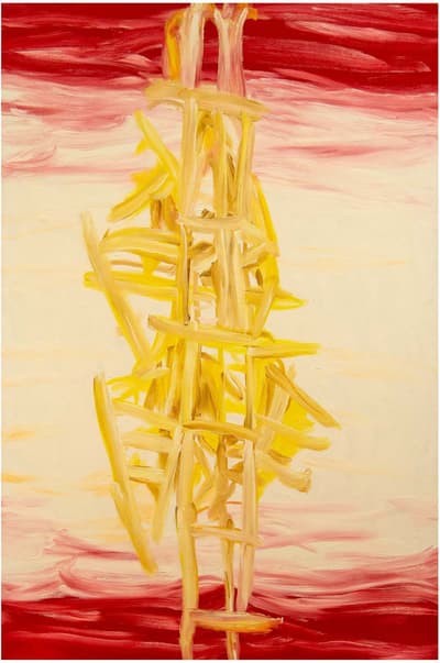 An abstract oil painting on linen in rich lemon yellow and dark red hues with a creamy background.