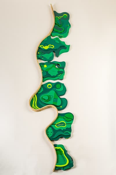 Wood painted with various shades of green forming a wavy line, appearing like a topographic map.