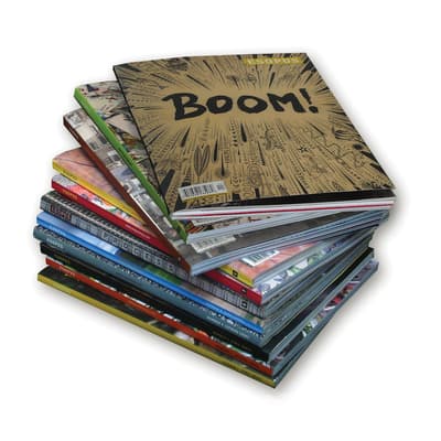 A stack of eleven issues of ESOPUS magazine fanned out against a white background.
