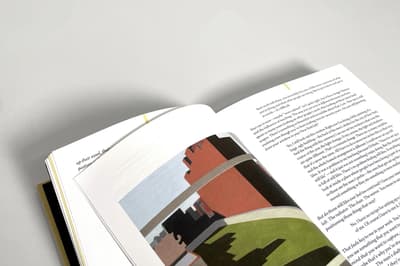 deatil of Five American Painters: Lois Dodd, Rackstraw Downes, David Driskell, Yvonne Jacquette, and Alex Katz in Conversation with Sharon Corwin open to two page spread