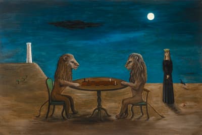 Two lions at a table playing chess under a full moon, with a crowned figure and a distant tower.