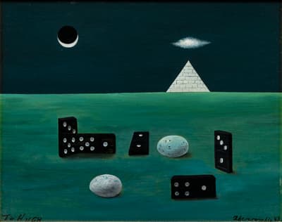 A surreal landscape with a green ground, black domino pieces, white stones, a white pyramid, and a crescent moon in a dark sky.