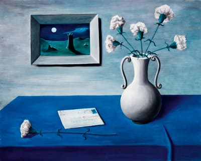 A painting of a flower, a letter, and a vase of flowers on a blue table cloth with a landscape painting hung behind it on the wall.