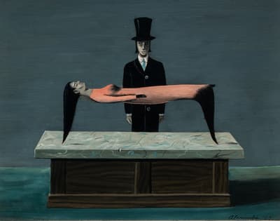 A painting of a women in pink levitating above a table in front of a man in a suit and top hat.