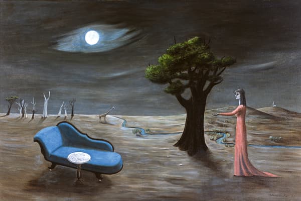 Surreal moonlit landscape with a woman, a blue chaise lounge, and a tree.