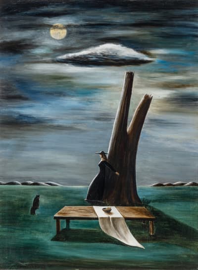 A surreal painting of a figure in black leaning against a tree beside a table, with a black cat nearby under a cloudy night sky.