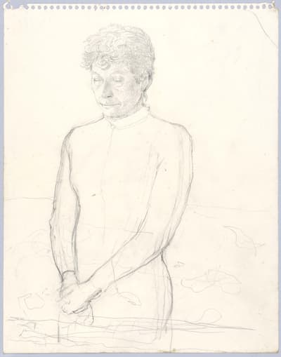 Pencil sketch of a person standing with hands clasped, drawn on perforated notebook paper.