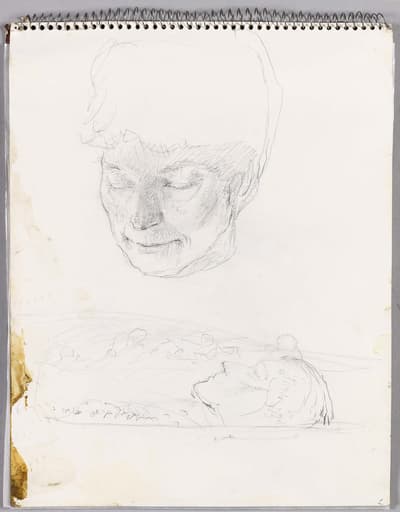 Pencil sketches of two heads on a spiral-bound page; one detailed, the other less so, with a stain on the left.