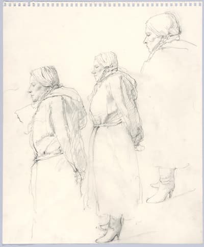 Pencil sketch of a person in a coat and headscarf, viewed from different side angles.