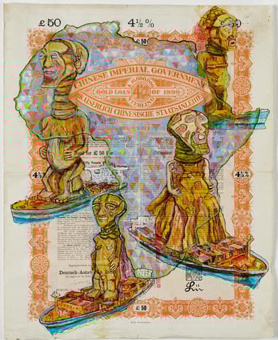 Painting of the outline of the African continent and four figures on top of a historic document.