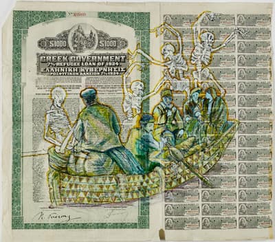 Painting of an old fashioned boat atop documents.