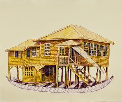 Yellow wooden house on a boat with a staircase and multiple windows.