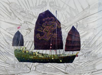 Depiction of a boat on top of a sketchy background.