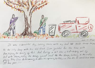 A sketch of two figures raking leaves underneath a tree next to a red pickup truck. Underneath the scene, there is a large block of text.