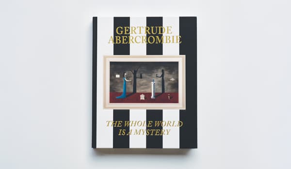 Cover of Gertrude Abercrombie, The Whole World is a Mystery. Cover image vertical black and white stripes, painting image, yellow text.