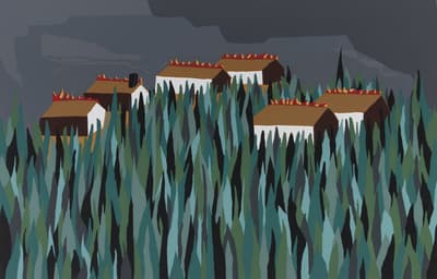 A collection of structures peeking out among dense greenery in front of a grey background.