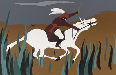 A soldier riding a white horse charging forward with their sword in the air.
