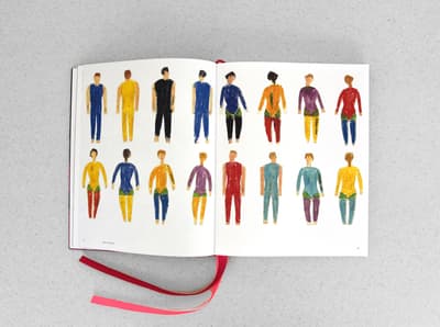 Open book showing a grid of stylized, colorful human figures.