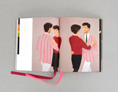 An open book showing a painting of two couples dancing, with ribbon bookmarks visible.