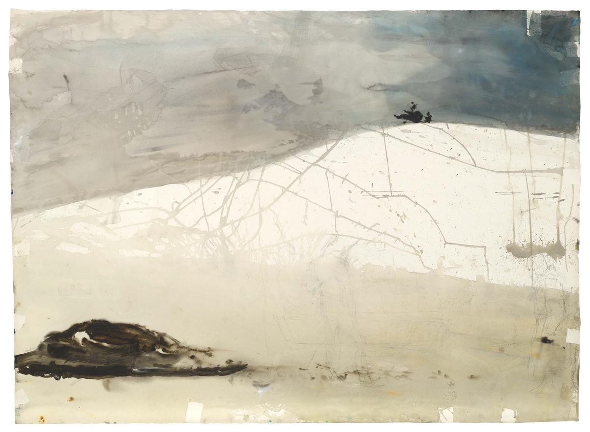 Abstract landscape with a gray sky and a white terrain featuring sketch-like lines and dark brushstrokes.