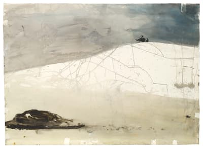 Abstract landscape with a gray sky and a white terrain featuring sketch-like lines and dark brushstrokes.