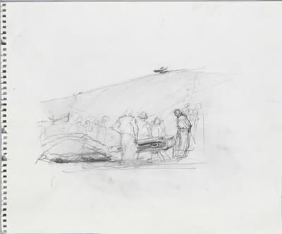 A pencil sketch of a group of people around a table, with minimal detail.