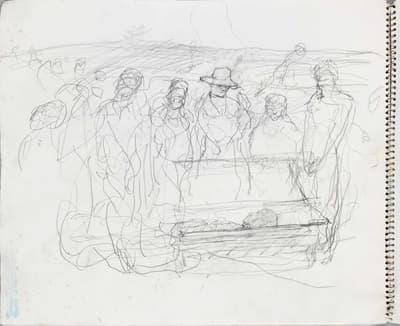 Sketch of people gathered around a coffin.
