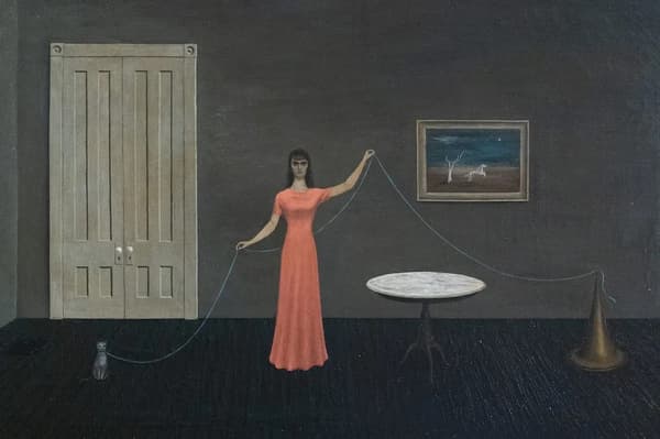 Oil on canvas painting by Gertrude Abercrombie. In a surreal setting, a woman in a coral dress holds a thread in a dim room with a cat, a table, and a funnel.