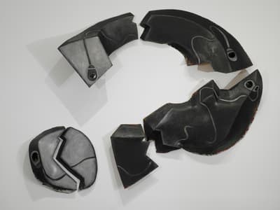 Oil on six canvases arranged in the form of a question mark, titled Cracked Question by Elizabeth Murray, 1987.