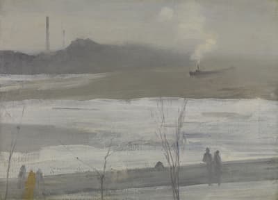 An oil on canvas of a winter landscape by Whistler, 1864.