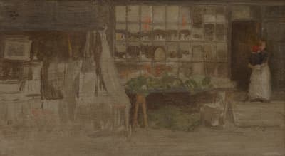 An oil on wood street scene in Chelsea by Whistler.