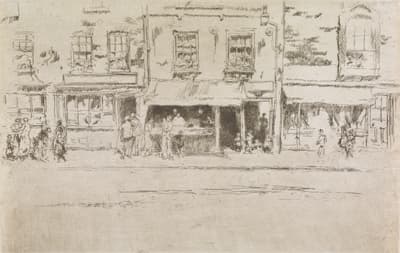 A street scene etching and drypoint in dark brown ink of a Fish Shop in Chelsea by James McNeill Whistler, 1886.