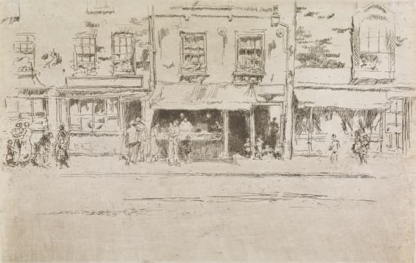 A street scene etching and drypoint in dark brown ink of a Fish Shop in Chelsea by James McNeill Whistler, 1886.