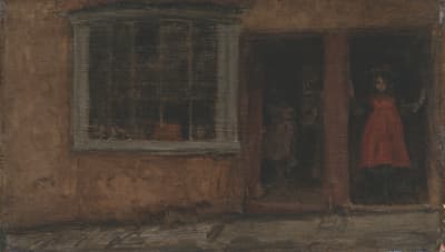 An oil painting of a street scene with a barber shop and locals in the doorway meeting the artist's gaze, 1895.