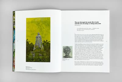 Hew Locke: Here’s the Thing publication open to two page spread, one page with an image and one with text