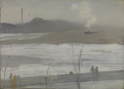 Painting of figures walking along a riverfront promenade with smokestacks and a steamer ship in the distance. Gray tones fill the hazy atmosphere.