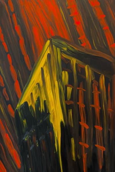 A painterly, abstract oil painting of a building in muted red, yellow, and brown hues by Martha Diamond.