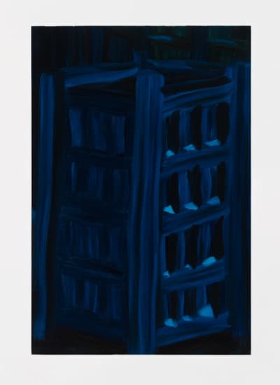 A blue monochrome abstracted painting of the side of a building by Martha Diamond.
