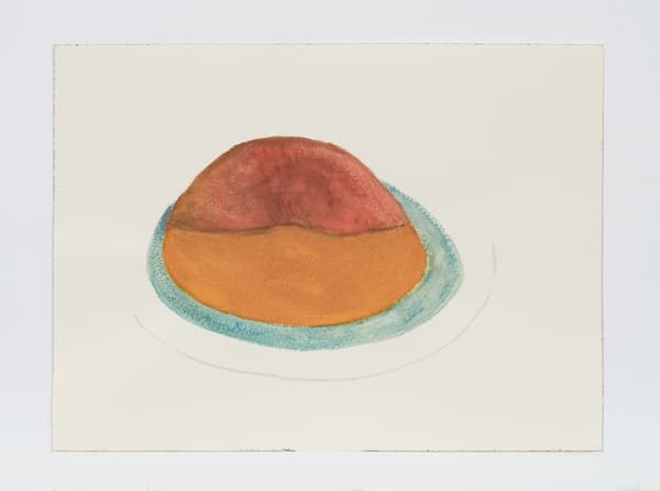 Abstract watercolor of a dome-shaped form in red and orange with a light blue border on a plain background.