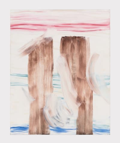 An abstract painting of the World Trade Towers on linen in muted brown, red, and blue hues.