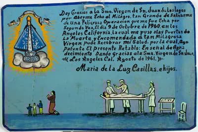 Doctors performing an operation next to people kneeling in front of a blue draped figure depicted below a large block of text.
