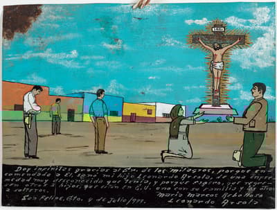 Three figures facing a cross which is being held by a man and woman who are both kneeling. Below, there is a large block of text.