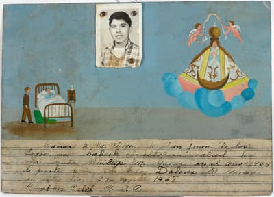A painted scene with a patient in bed, a standing figure, a religious image, and handwritten text below.